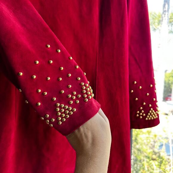 Vintage 80s Pia Rucci Gold Studded Red Suede Leather Dress size 14 - Picture 4 of 16